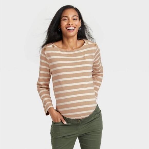 The Nines by Hatch Long Sleeve Maternity Blouse Women Size L White Tan Striped - Picture 3 of 7